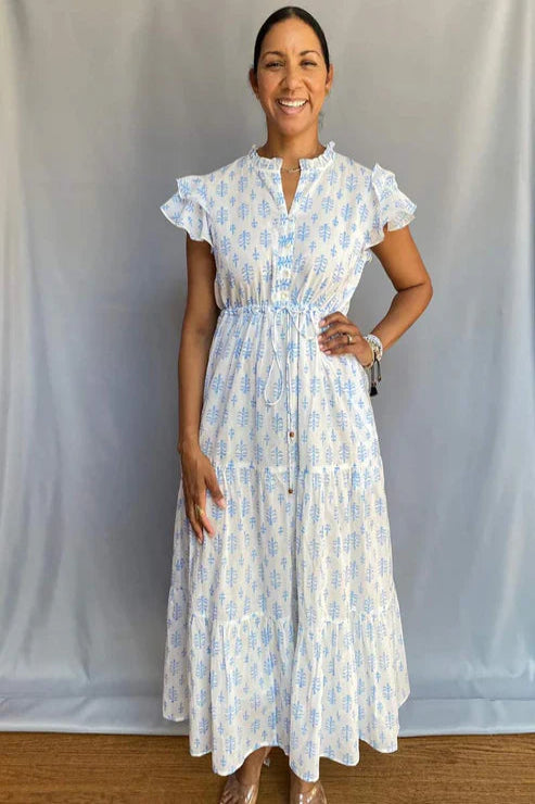 Block Print Cinched Waist Tier Dress – Blue