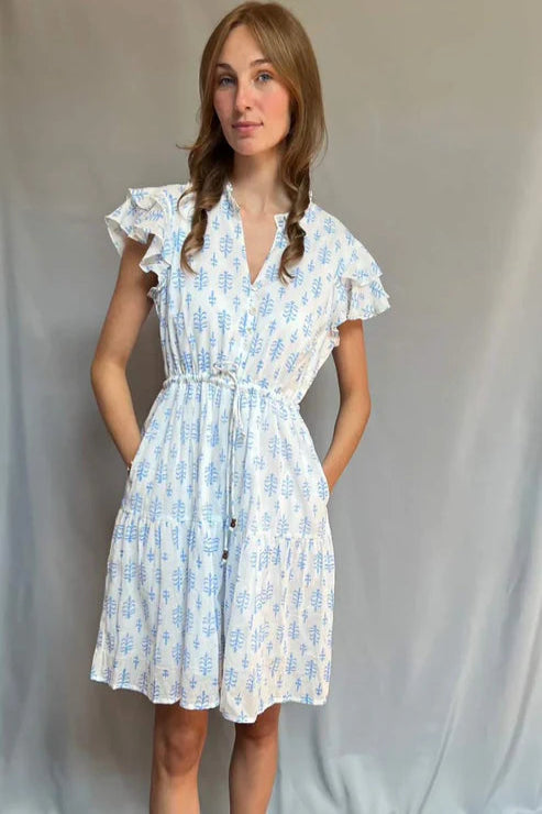 Block Print Cinched Waist Tier Dress – Blue – Short