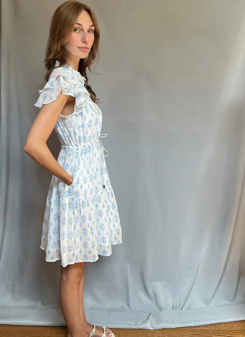 Block Print Cinched Waist Tier Dress – Blue – Short