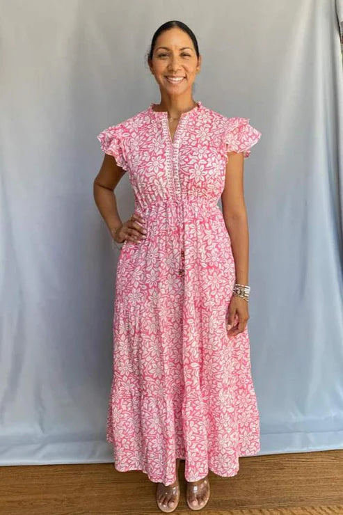 Block Print Cinched Waist Tier Dress – Pink