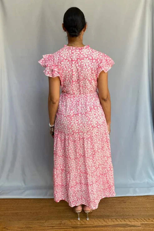 Block Print Cinched Waist Tier Dress – Pink