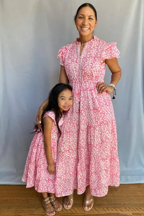 Block Print Cinched Waist Tier Dress – Pink