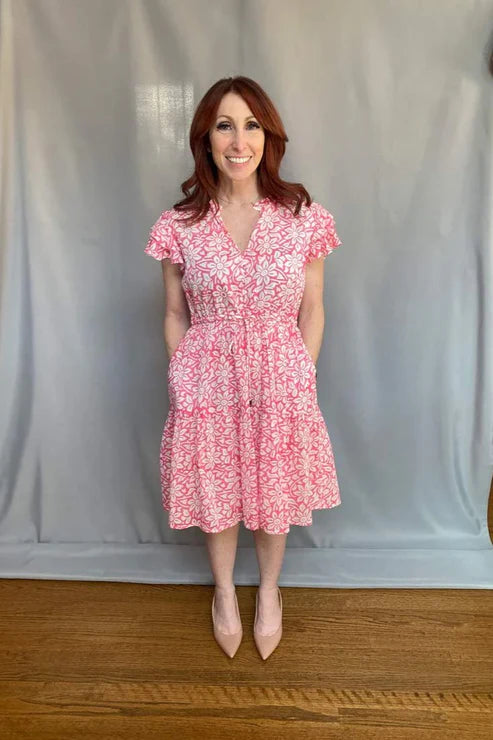 Block Print Cinched Waist Tier Dress – Pink – Short