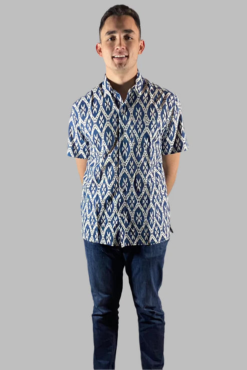 Block Print Men’s Shirt – Short Sleeves – Indigo