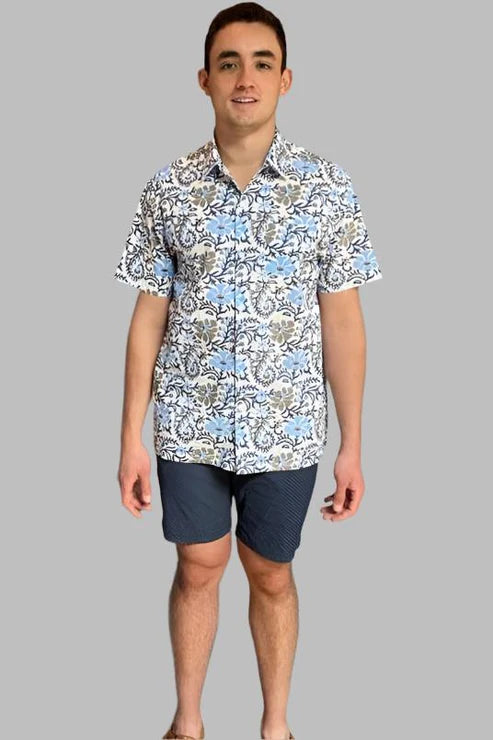 Block Print Men’s Shirt – Short Sleeves – Blue