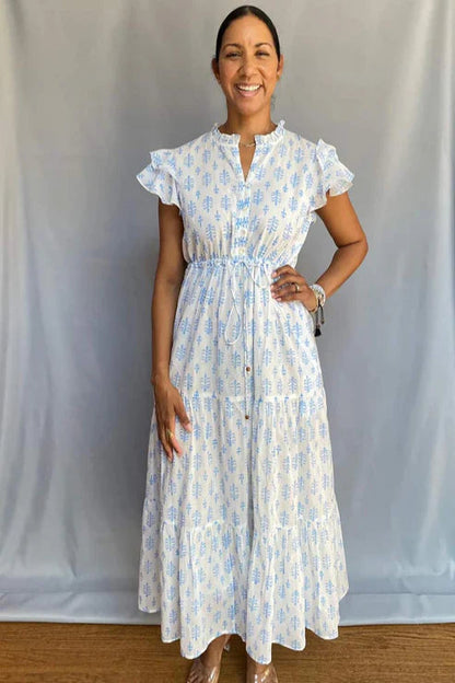 Block Print Cinched Waist Tier Dress – Blue