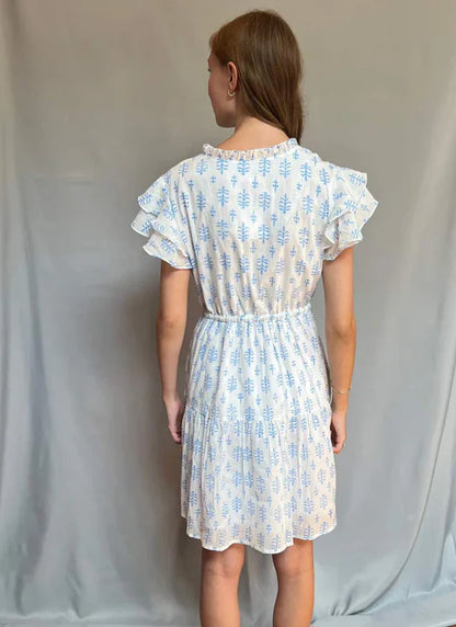 Block Print Cinched Waist Tier Dress – Blue