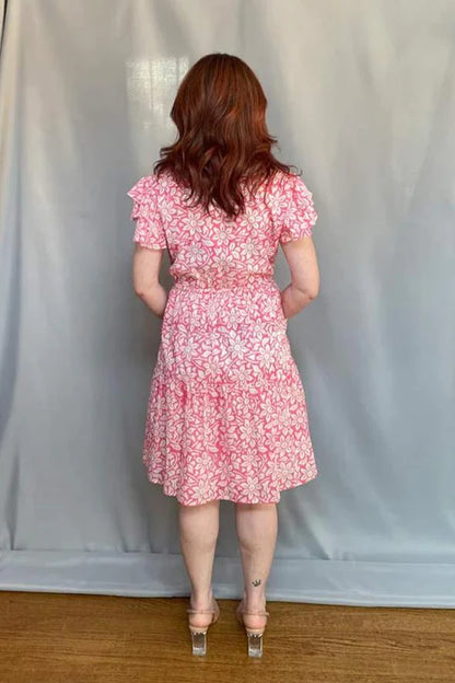 Block Print Cinched Waist Tier Dress – Pink – Short